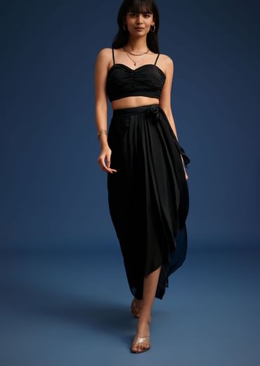 Black Chiffon Asymmetrical Skirt And Jacket Set