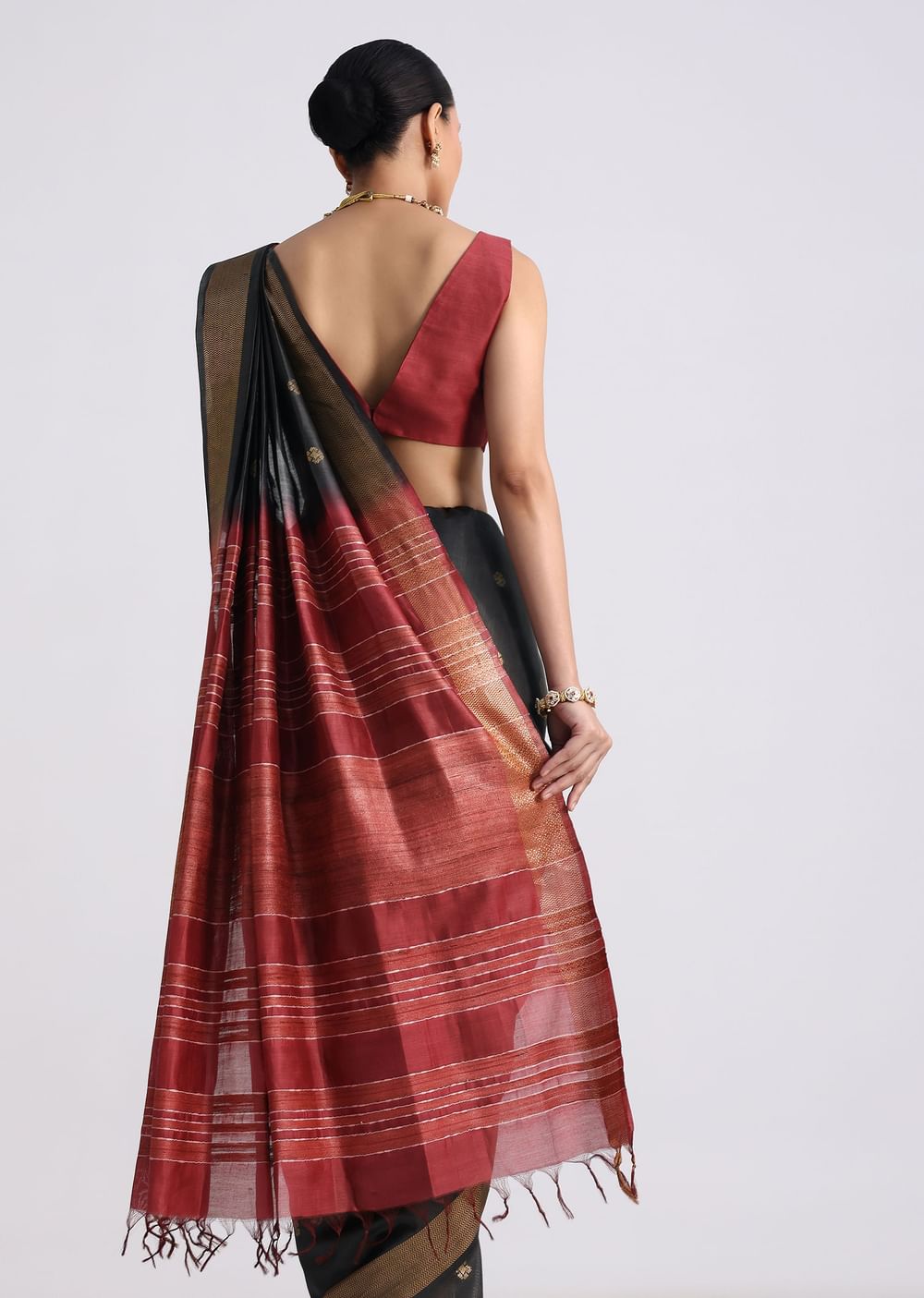 Black Colorblock Spun Silk Saree With Woven Butti Work