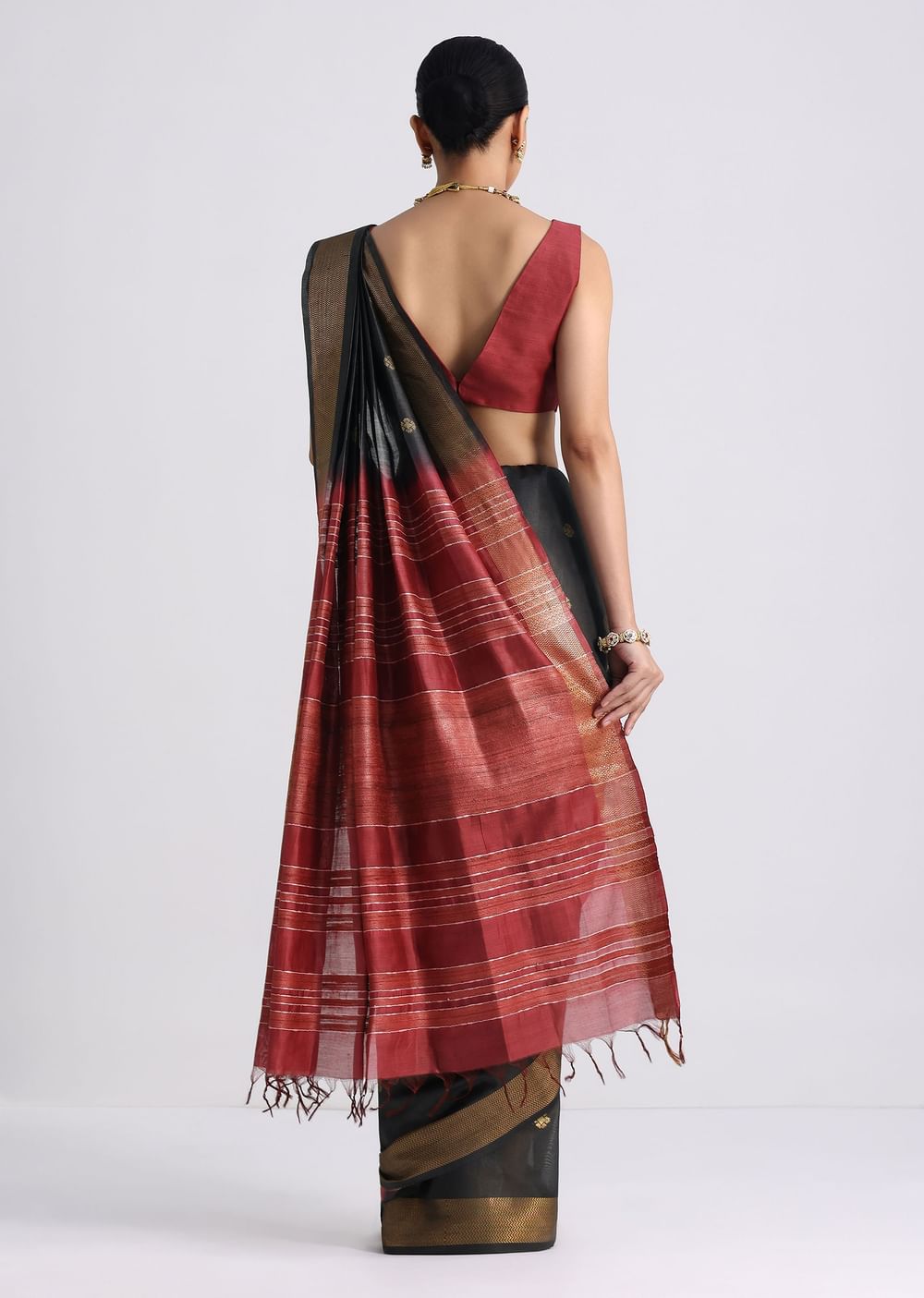Black Colorblock Spun Silk Saree With Woven Butti Work