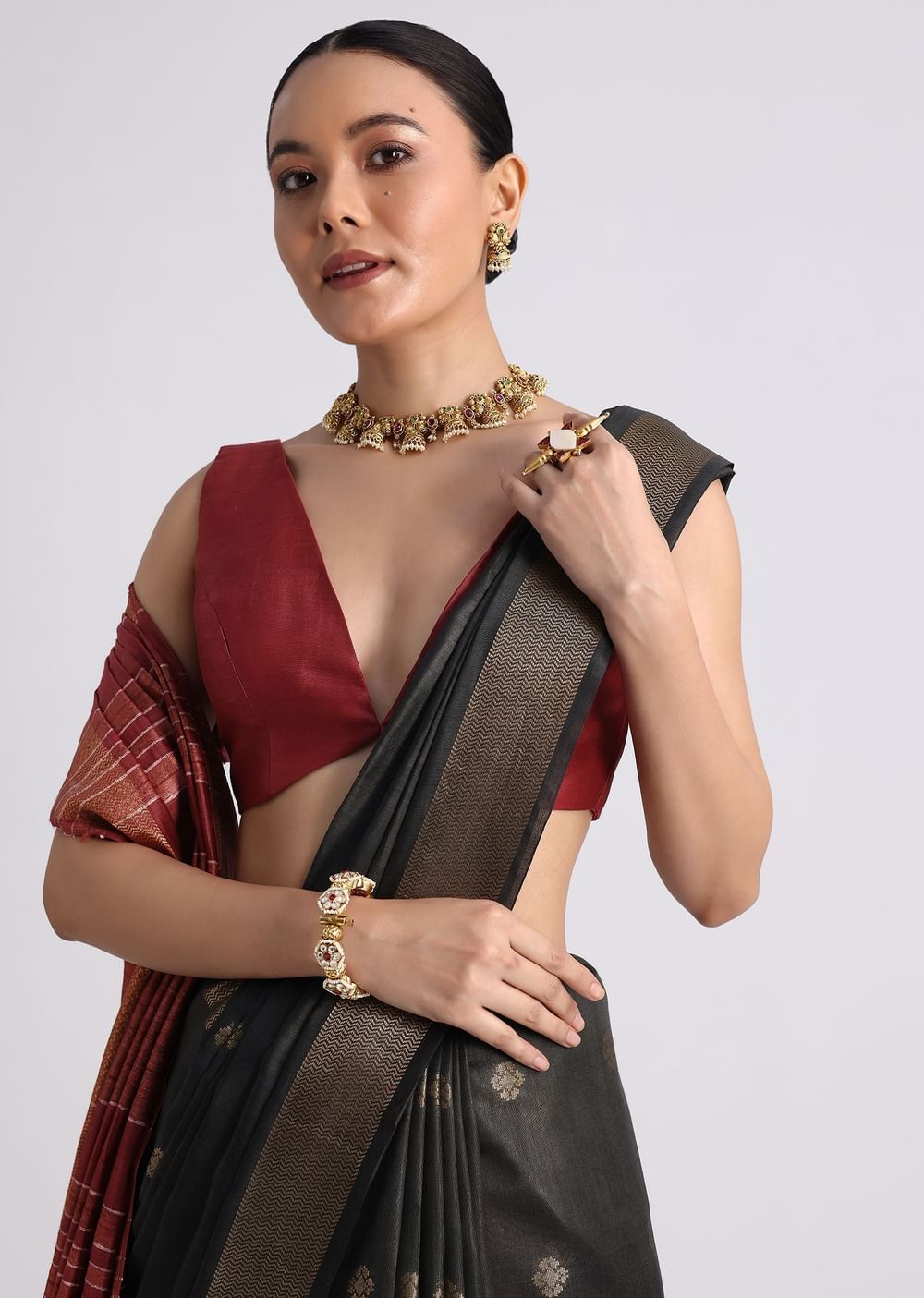 Black Colorblock Spun Silk Saree With Woven Butti Work
