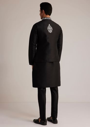 Black Cotton Silk Embroidered Jacket Kurta Set