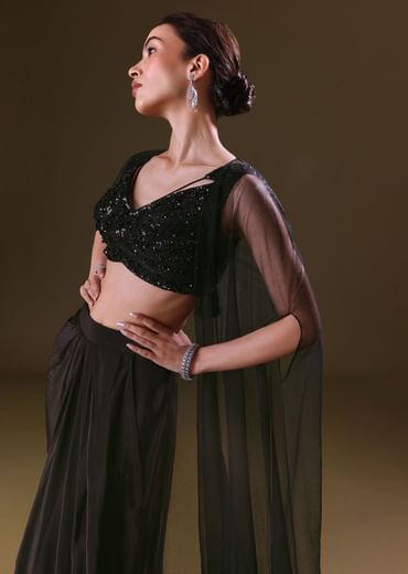 Black Crepe Drape Skirt Choli And Tulle Cape Set
