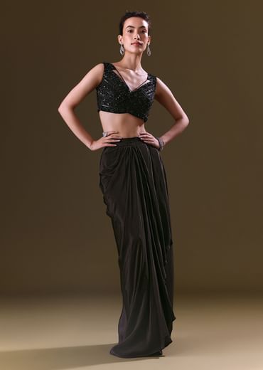 Black Crepe Drape Skirt Choli And Tulle Cape Set