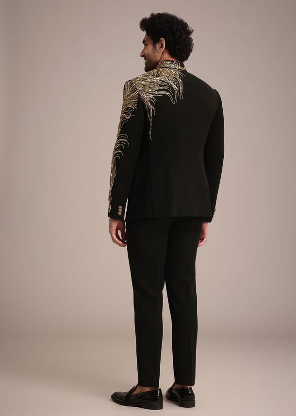 Black Crepe Tuxedo Suit With Hand Work