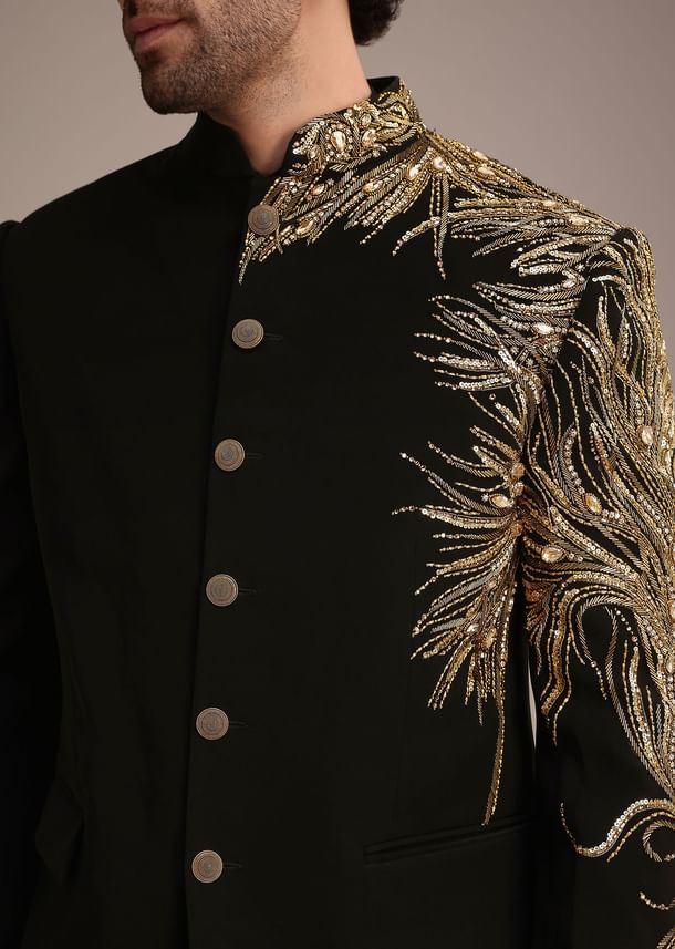 Black Crepe Tuxedo Suit With Hand Work