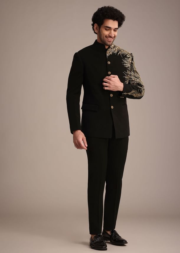 Black Crepe Tuxedo Suit With Hand Work