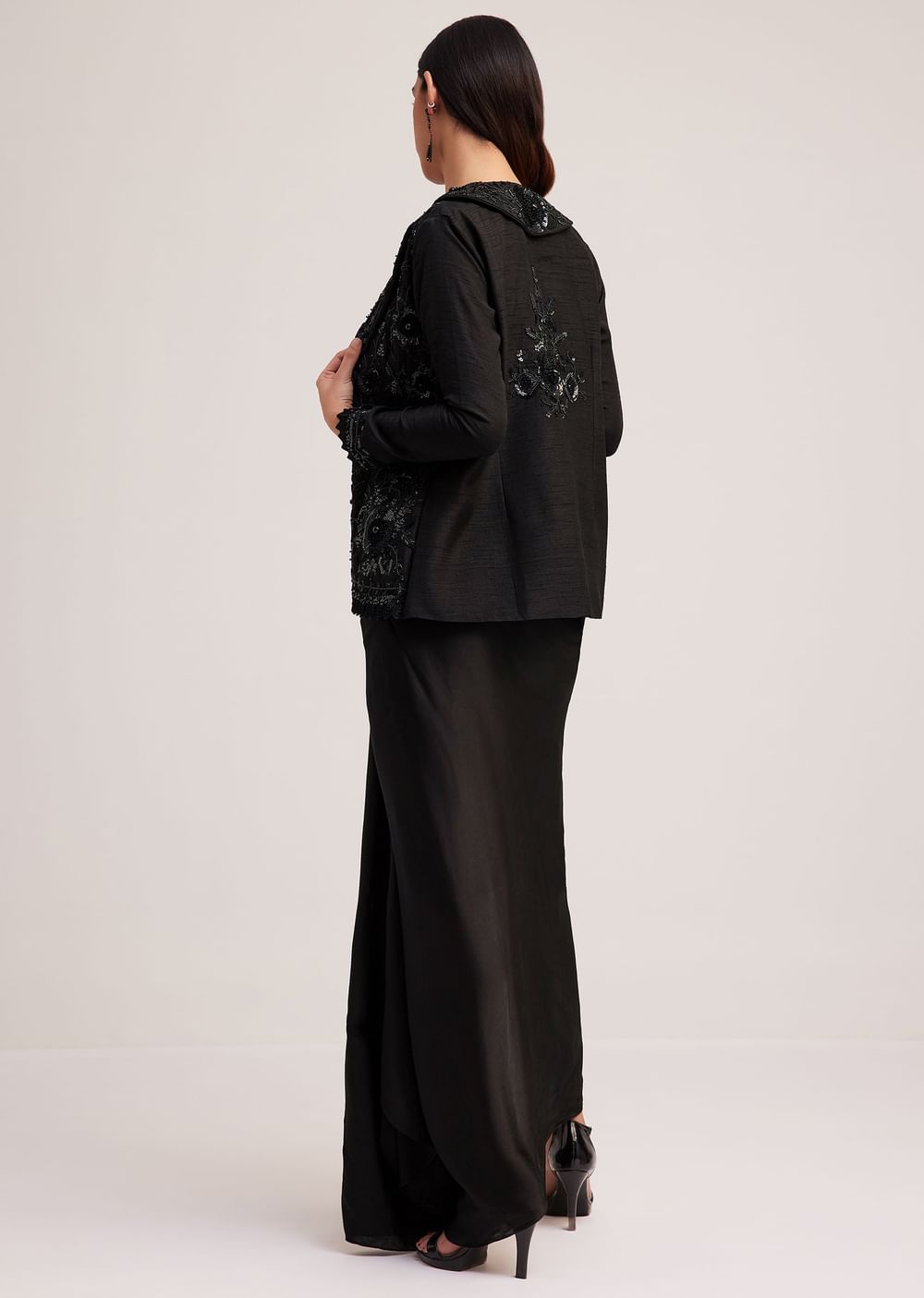 Black Crop Top Skirt And Embellished Jacket Set