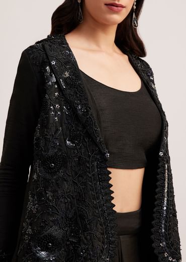 Black Crop Top Skirt And Embellished Jacket Set