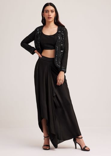 Black Crop Top Skirt And Embellished Jacket Set