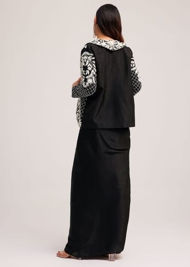 Black Crop Top Skirt And Embroidered Jacket Set