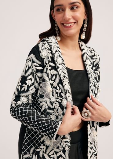 Black Crop Top Skirt And Embroidered Jacket Set