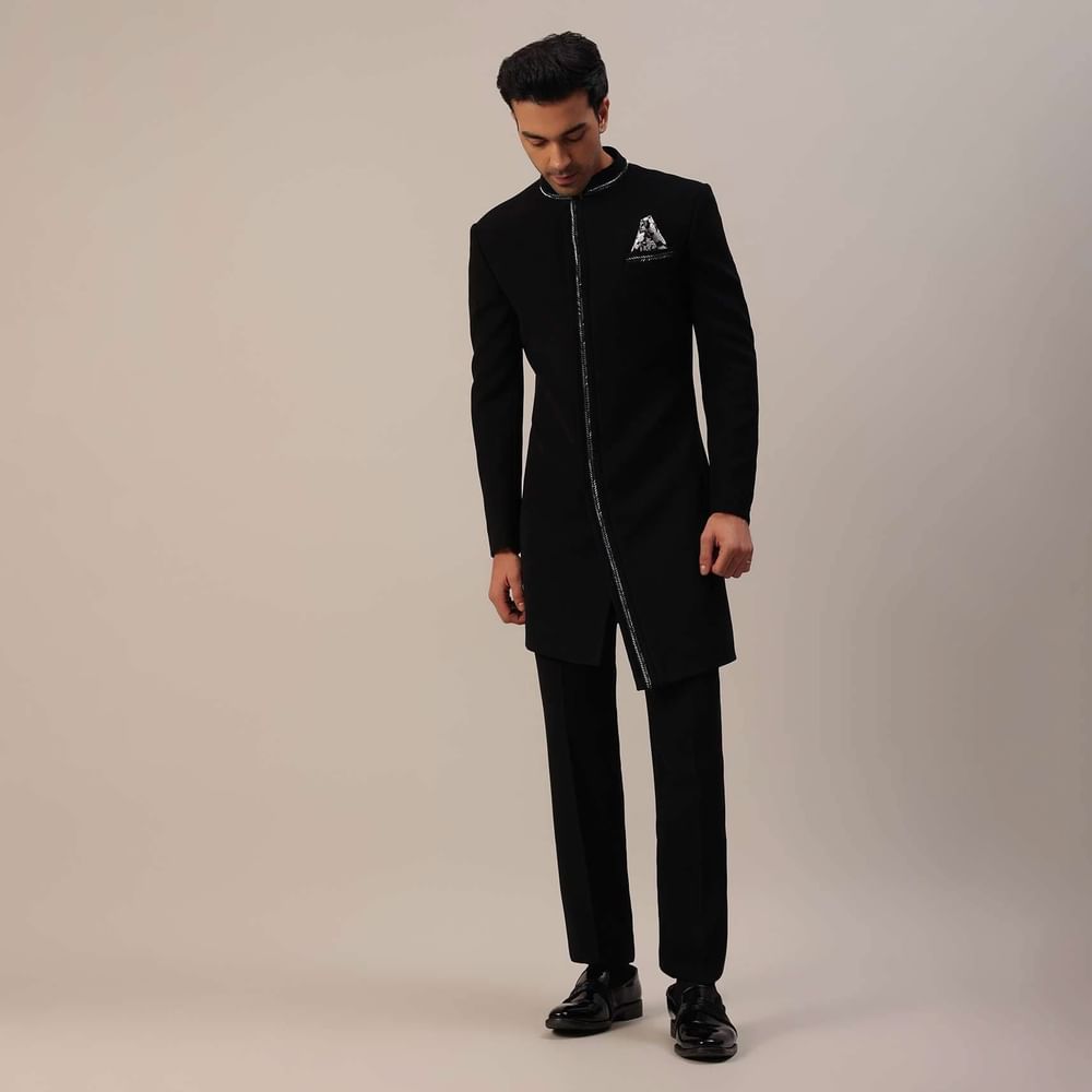 Black Cut Dana Embroidered Indowestern In Suiting Fabric