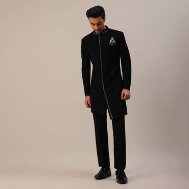 Black Cut Dana Embroidered Indowestern In Suiting Fabric