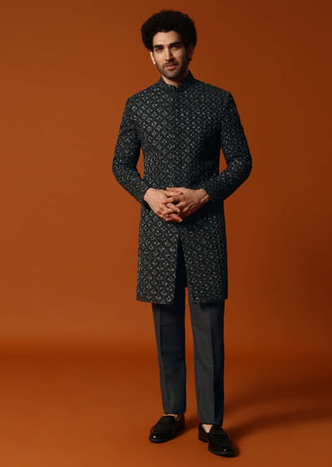 Black Cutdana Embroidered Indowestern Suit For Men