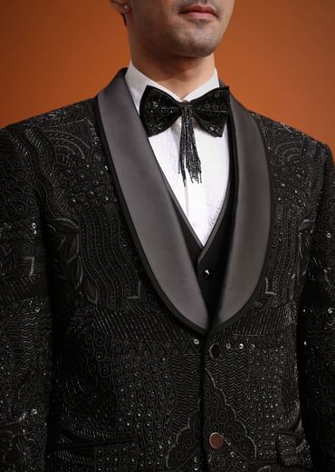 Black Cutwork Stone Embellished Tuxedo Set
