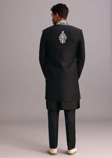 Black Dola Silk Thread Embroidered Sherwani Set