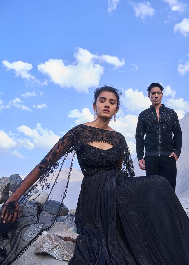 Black Embroidered Crepe Rushed Gown With Cape