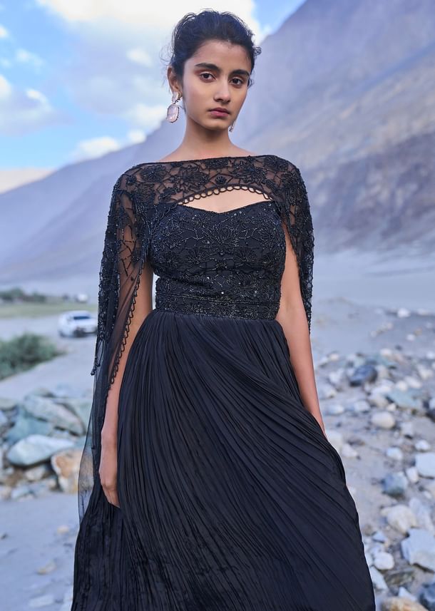 Black Embroidered Crepe Rushed Gown With Cape
