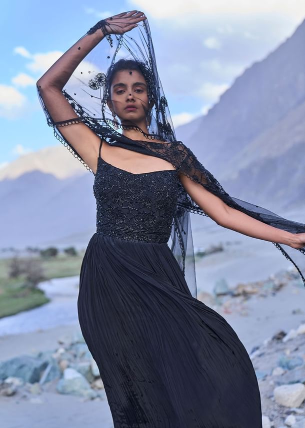 Black Embroidered Crepe Rushed Gown With Cape