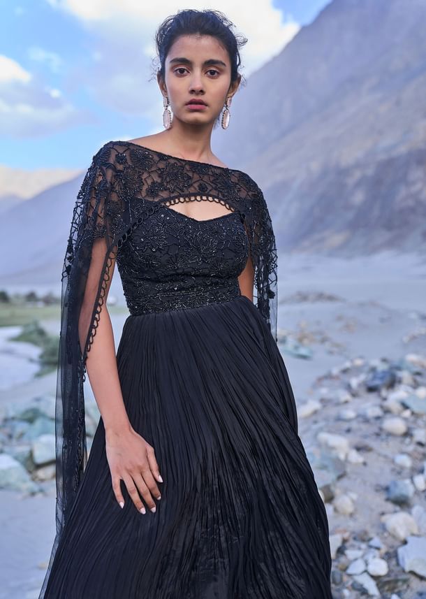 Black Embroidered Crepe Rushed Gown With Cape