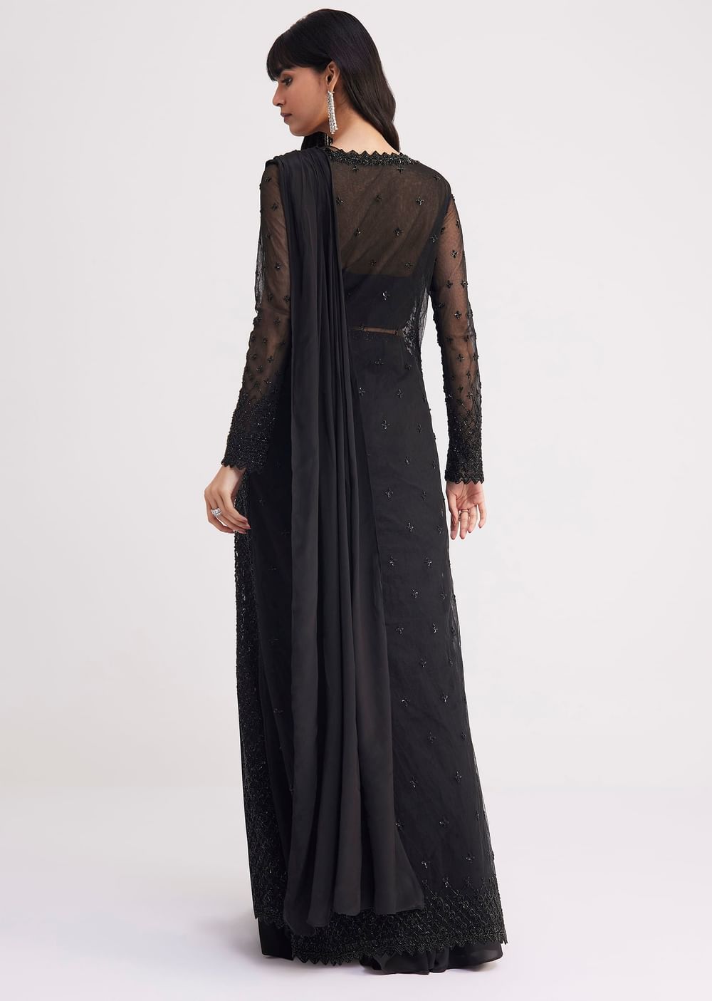 Black Embroidered Draped Skirt Saree With Blouse And Matching Jacket