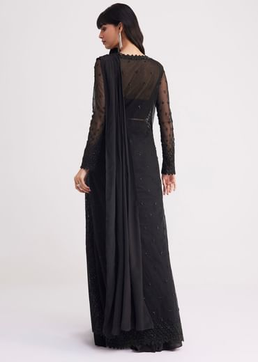 Black Embroidered Draped Skirt Saree With Blouse And Matching Jacket