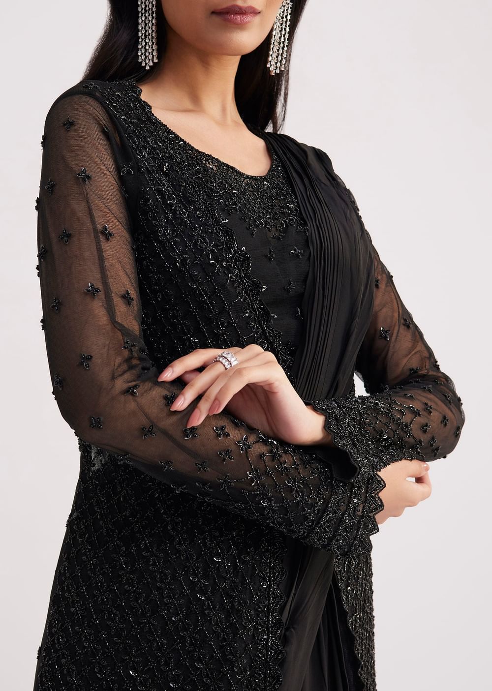 Black Embroidered Draped Skirt Saree With Blouse And Matching Jacket