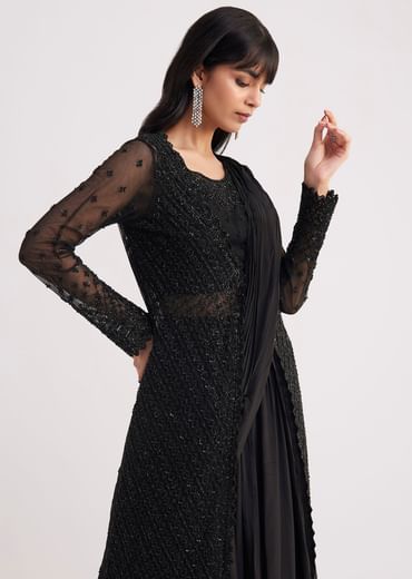 Black Embroidered Draped Skirt Saree With Blouse And Matching Jacket