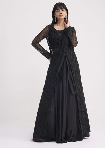 Black Embroidered Draped Skirt Saree With Blouse And Matching Jacket