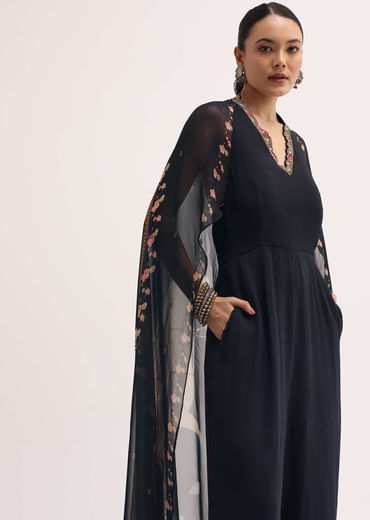 Black Embroidered Georgette Jumpsuit