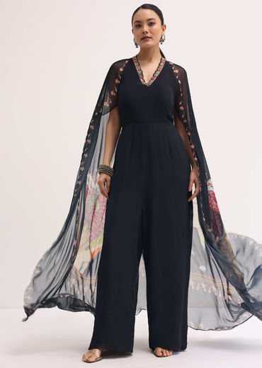 Black Embroidered Georgette Jumpsuit