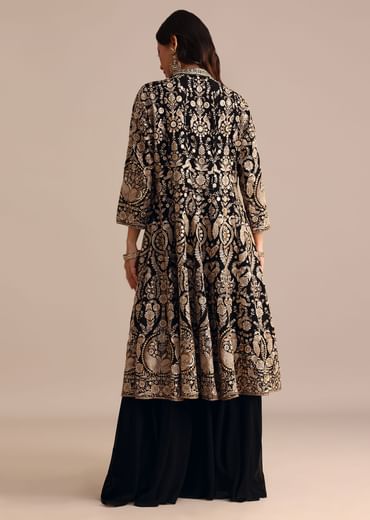 Black Embroidered Georgette Palazzo Suit With Long Embroidered Jacket