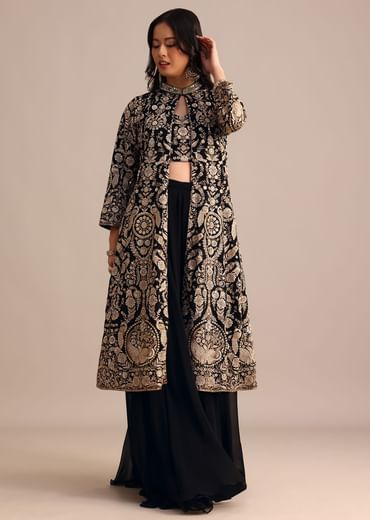 Black Embroidered Georgette Palazzo Suit With Long Embroidered Jacket