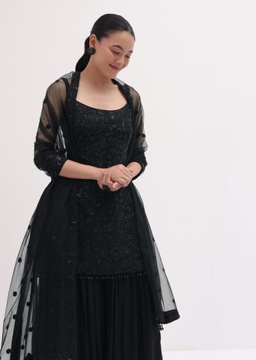 Black Embroidered Net Kurta Palazzo Set
