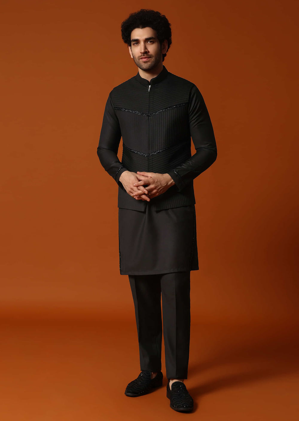 Black Embroidered Rayon Kurta Jacket Set For men