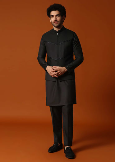 Black Embroidered Rayon Kurta Jacket Set For men