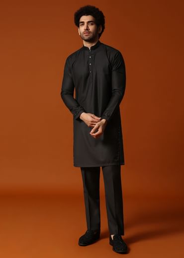 Black Embroidered Rayon Kurta Jacket Set For men