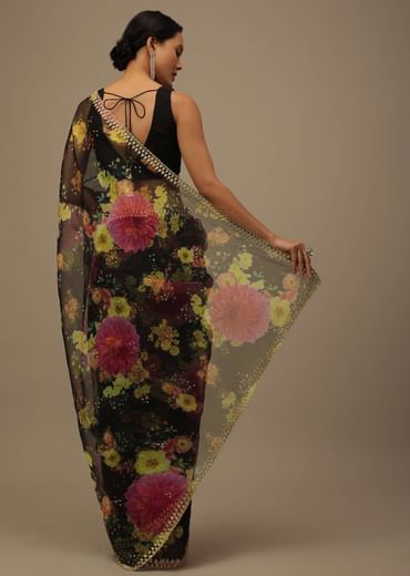 Black Embroidered Saree In Organza With Vibrant Floral Print