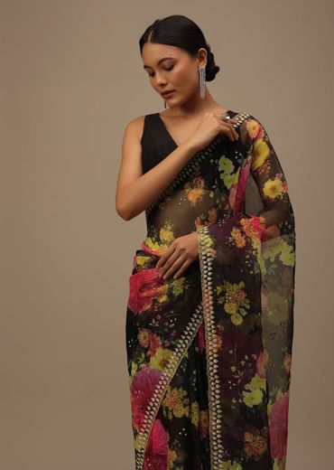 Black Embroidered Saree In Organza With Vibrant Floral Print