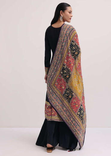 Black Embroidered Satin Kurta Palazzo Set
