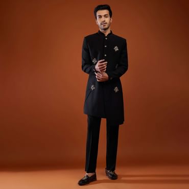 Black Embroidered Sherwani Set In Suiting Fabric