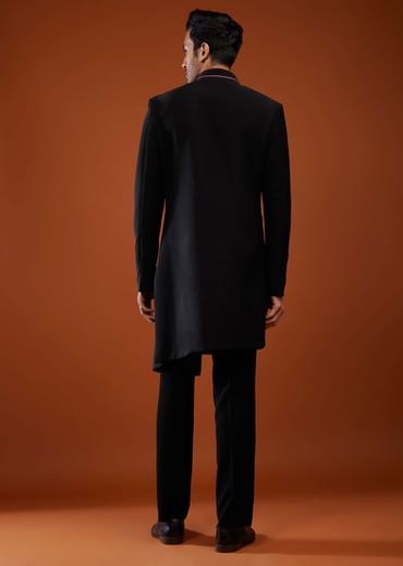 Black Embroidered Sherwani Set In Suiting Fabric