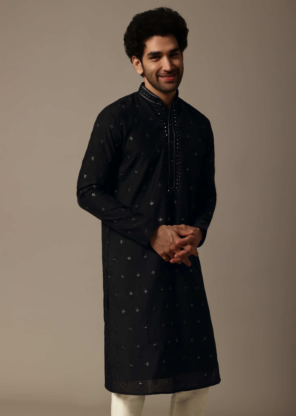Black Embroidered Silk Kurta Set For Men