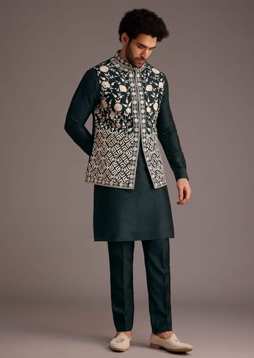 Black Floral Embroidered Jacket Kurta Set