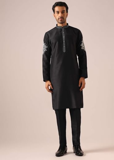 Black Floral Jacket And Kurta Set