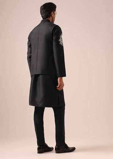 Black Floral Jacket And Kurta Set