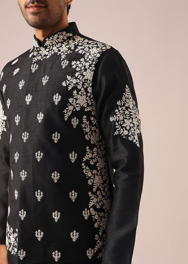 Black Floral Jacket And Kurta Set