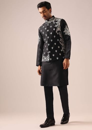 Black Floral Jacket And Kurta Set