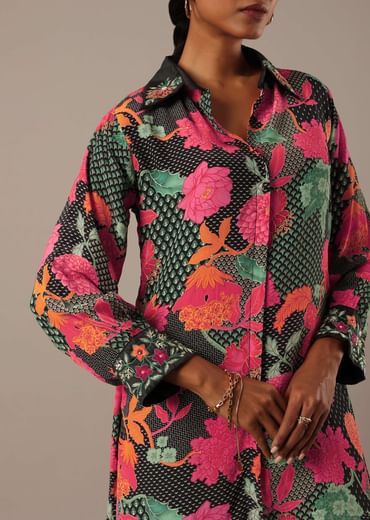 Black Floral Print Short Kurt Set With Sequin Work