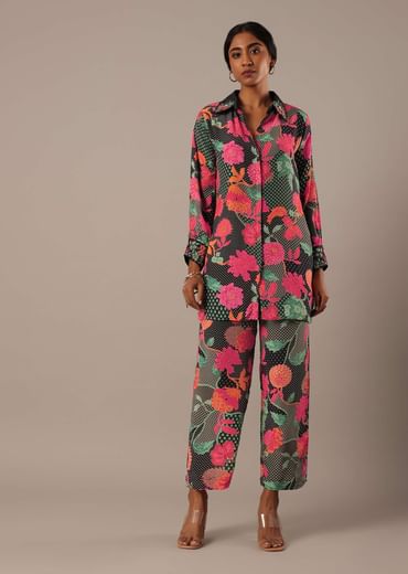 Black Floral Print Short Kurt Set With Sequin Work